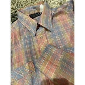 Men's Dude By Cambridge Tall Man Large 16-16.5 Long Sleeve Shirt Plaid Pink Blue